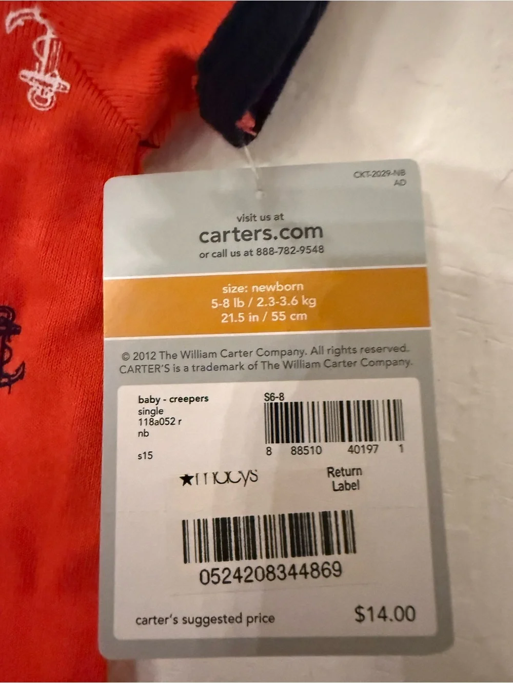 Carter's Red Baby Romper with Navy Trim and Anchor Detail